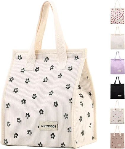 Miniatura 14 de TELLUMO Bolsa de almuerzo de corduroy para mujeres y hombres, linda bolsa de almuerzo con aislamiento y gran capacidad (7.5L), bolsa de almuerzo