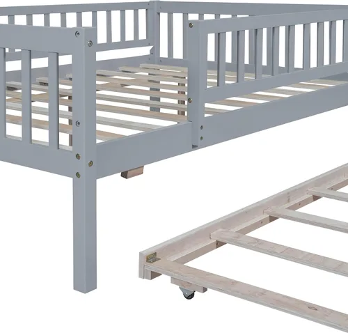 Miniatura 9 de P PURLOVE Sofá cama matrimonial con nido, marco de sofá cama con barandillas de valla, sofá cama de madera para niños, niñas y adolescentes jóvenes
