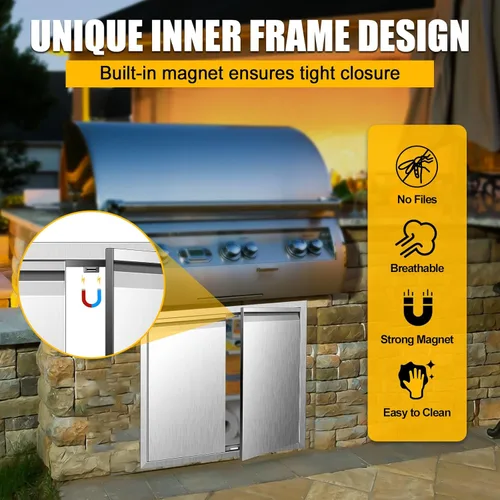 Miniatura 6 de Puertas de cocina para exteriores de 26 pulgadas de ancho x 24 pulgadas de alto con mango horizontal, puertas de acceso dobles para barbacoa, acero