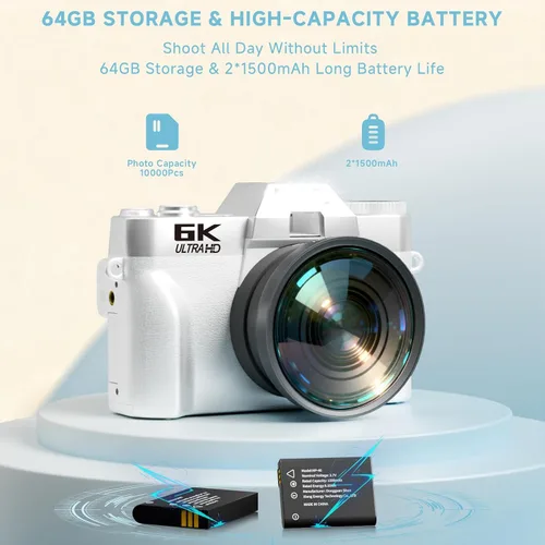 Miniatura 5 de Cámara digital 6K para enfoque automático de fotografía, cámara WiFi de vlogging mejorada 2026 para YouTube con pantalla abatible de 180° de 3 Blanco
