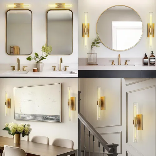 Miniatura 6 de Apliques de pared modernos de latón y vidrio, luces de tocador de 24 pulgadas para baño, 2 luces, aplique de pared lineal horizontal o vertical