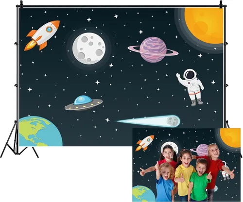Miniatura 7 de Renaiss Fondo de espacio exterior de 5 x 3 pies, universo galaxia, cielo estrellado, astronauta, cohete, planeta, fiesta, fondo de fotografía