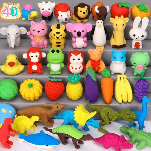 Arscniek Paquete de 40 gomas de borrar 3D para rompecabezas de animales y alimentos para niños, gomas de borrar de lápiz mini desmontables,