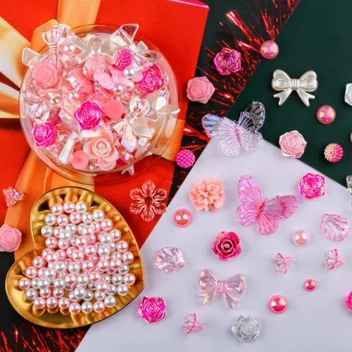 Miniatura 7 de 350 piezas de resina 3D ABS coloridos lazos de flores de rosas con parte trasera plana, cuentas de perlas semicirculares para pulseras, aretes