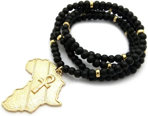 Miniatura 3 de Mens egipcio Ankh Cruz Africa Map Power Puño Oro Colgante 6mm 30" Bead Collar de madera