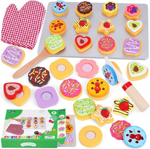 Juego de alimentos de madera para hornear y cortar galletas para niños - Juego de cocina - Accesorios de juguete para galletas y bandeja para