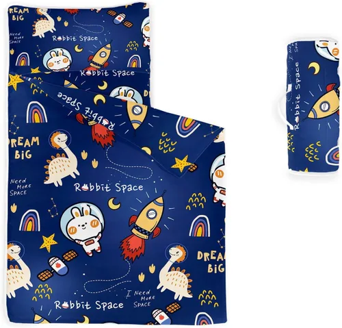 Miniatura 13 de Tapete para siesta espacial – Saco de dormir de galaxia espacial con almohada extraíble – Juego de ropa de cama para guardería y fiestas de pijamas