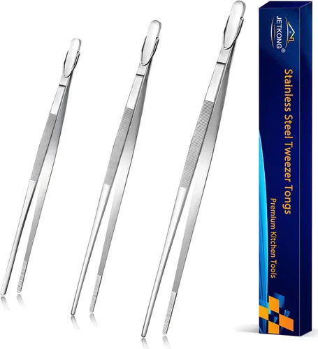 JETKONG Pinzas de Cocina Extra Largas de Acero Inoxidable Resistente Pinzas de Cocina, Juego de 3 (9, 12, 14 pulgadas, plateado)