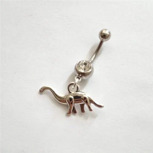 Miniatura 3 de 3pcs Punk Dinosaur Dangle Pendant Belly Button Ring, Tiny Velociraptor Charm Stainless Steel 14 Gauge Navel Barbell Ring