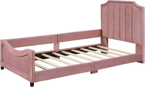 Miniatura 4 de Sofá cama tapizado tamaño individual, bonito sofá cama de cuero de terciopelo con cabecera clásica en forma de rayas, base de cama de madera