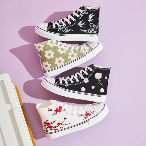 Miniatura 5 de kufeiti Zapatillas de lona altas para mujer, zapatos de lona con cordones, zapatillas blancas y negras, zapatos casuales para caminar