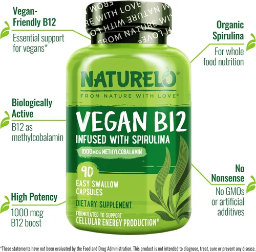 Miniatura 2 de NATURELO B12 vegano - Metil B12 con espirulina orgánica - Vitamina B12 de alta potencia 1000 mcg metilcobalamina - Apoya el estado de ánimo