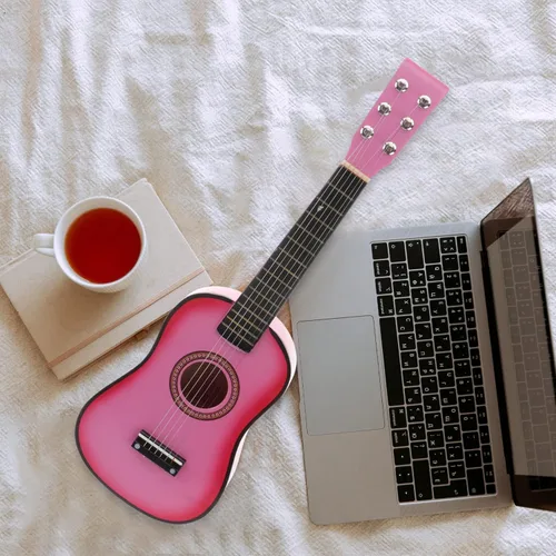 Toddmomy Guitarra acústica popular de 6 cuerdas de 23.11 pulgadas para niños y niñas, instrumento musical para principiantes, juguete acústico rosa