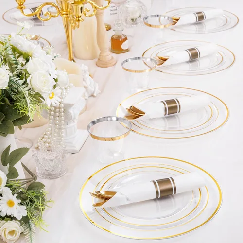 Miniatura 5 de WELLIFE 350 platos de plástico dorado transparente, 100 platos desechables, 150 cubiertos de plástico, 50 tazas, 50 servilletas para bodas y fiestas