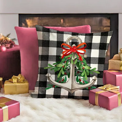 Miniatura 5 de Fahrendom Juego de 4 fundas de almohada decorativas náuticas de Feliz Navidad, 18 x 18 pulgadas, funda de almohada con ancla de Navidad costera