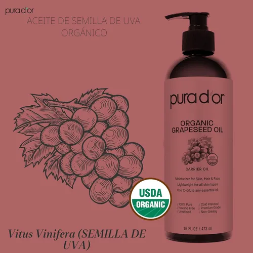 Miniatura 3 de PURA D'OR Aceite de semilla de uva orgánico de 16 onzas – Aceite portador prensado en frío 100% puro y natural certificado por la USDA – Ligero