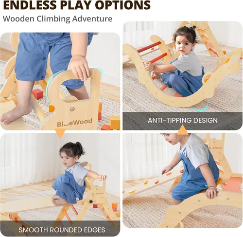 Miniatura 4 de Conjunto de triángulo Pikler BlueWood, juguetes de escalada de madera para niños pequeños, juguete de escalada plegable de 7 en 1 para niños
