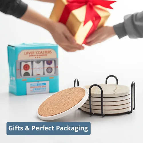 Miniatura 8 de LIFVER Juego de 6 posavasos para bebidas, piedra absorbente con soporte, posavasos de cerámica estilo mármol negro para protección de mesa, amarillo