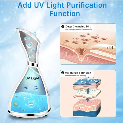 Miniatura 6 de Vaporizador facial nano iónico, humidificador de niebla cálida para limpieza facial profunda, kit de piel de acero inoxidable de 4 piezas, banda