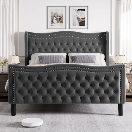 Miniatura 3 de Estructura de cama Full con cabecera y pie de cama altos, estructura de cama plataforma tapizada en terciopelo con respaldo tipo alas acolchado