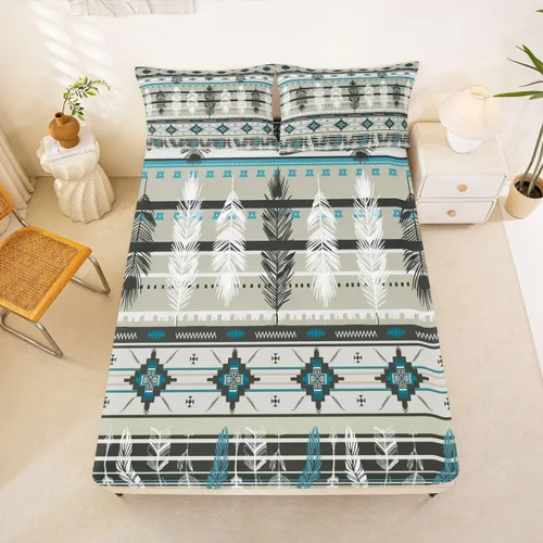 Miniatura 64 de Juego de ropa de cama occidental tamaño individual, sábanas aztecas, estilo nórdico exótico, bohemio, sábana bajera ajustable de tribu india