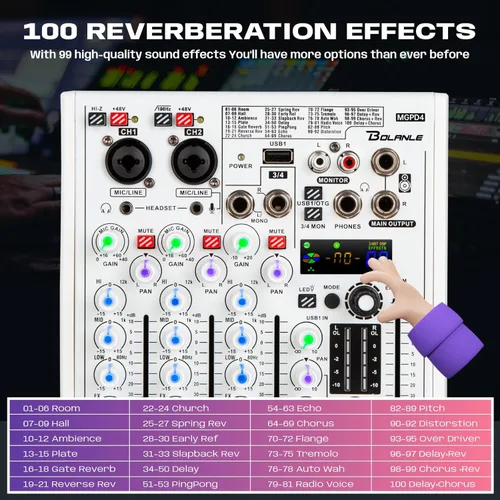 Miniatura 2 de Bolanle Mezclador DJ de 4 canales con 100 efectos DSP, interfaz de audio USB y Bluetooth, tarjeta de sonido profesional para podcast, karaoke