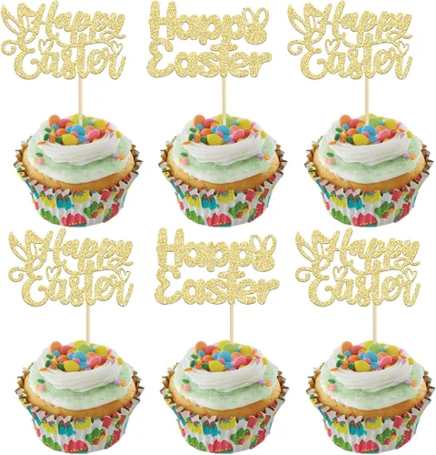 Miniatura 12 de Gyufise Paquete de 24 adornos azules con purpurina para cupcakes de Pascua con orejas de conejo de Pascua, decoraciones para fiesta de Pascua