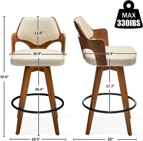 Miniatura 2 de MEKLIBA Juego de 2 taburetes de bar giratorios de altura de mostrador, silla de bar tapizada con patas de bambú, taburetes de mostrador con respaldo