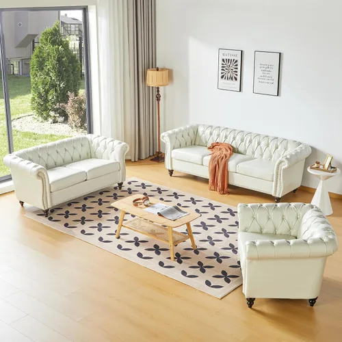 Miniatura 6 de Sofá biplaza, Chesterfield - Sofá moderno de piel sintética acolchado de 2 plazas con brazos curvos y tachuelas para sala de estar, dormitorio