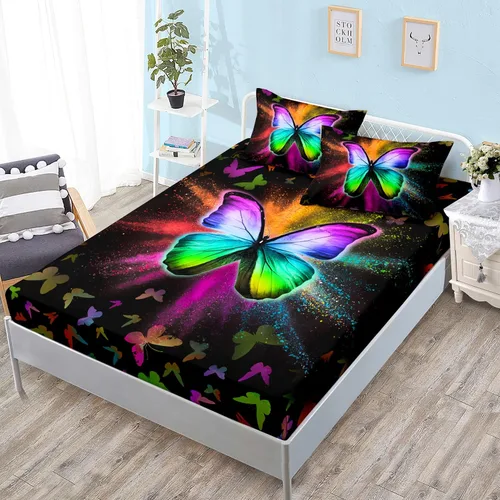 HOSIMA Juego de sábanas bajeras de mariposa colorida, ropa de cama de tela decorativa suave con bolsillo elástico en todo el contorno, sábana bajera