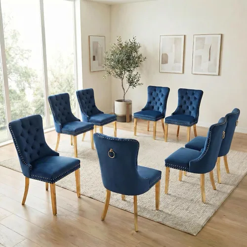 Miniatura 39 de Juego de 6 sillas de comedor de terciopelo, sillas tapizadas con respaldo alto capitoné con ribete de cabeza de clavo y anillo de tracción, patas