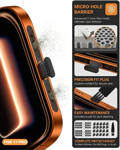Miniatura 2 de Protectores de puerto USB C para enchufe antipolvo, 20 unidades, con cubierta de altavoz de teléfono, 6 calcomanías compatibles con iPhone 17 Pro