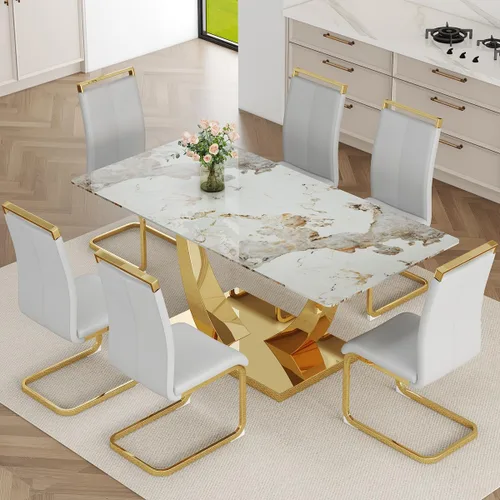 Miniatura 20 de Juego de Mesa de Comedor Negra para 6, Mesa de Comedor de Mármol Falso de 71" para 6, Juego de Mesa de Cocina Rectangular con Sillas de Cuero PU