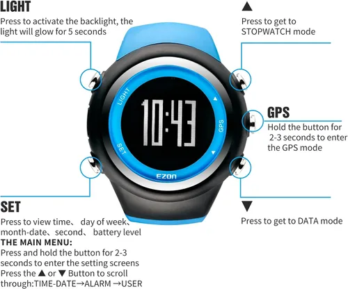 Miniatura 6 de EZON Reloj GPS para correr con alarma de ritmo de distancia, contador de calorías y cronómetro para hombres (azul)