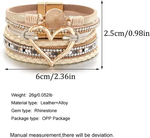 Miniatura 4 de Caiyao Pulsera de cuero para mujer, pulsera de cuentas con decoración en forma de corazón, pulsera de cristal bohemio con cierre magnético, pulsera