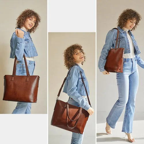 Miniatura 2 de S-ZONE Bolso de mano de cuero genuino para mujer, maletín vintage, bolso de trabajo, bolso grande de 15.6 pulgadas, L