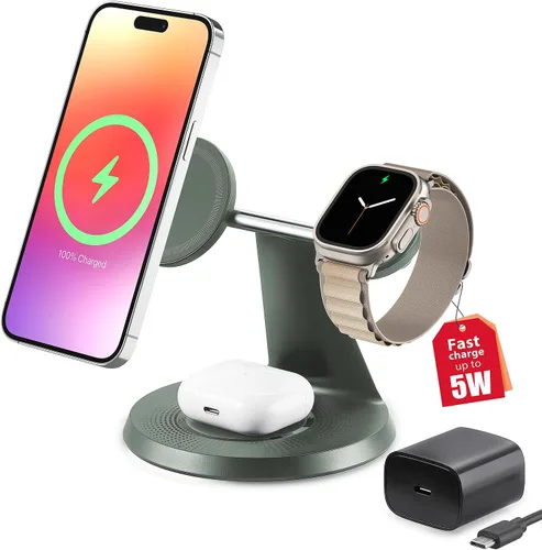 Estación de carga inalámbrica 3 en 1 para dispositivo Apple: estación de carga rápida para iPhone y reloj con MagSafe, soporte de cargador estable