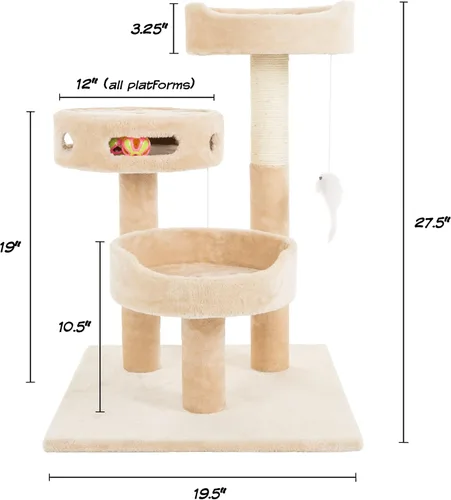 Miniatura 2 de Árbol para gatos - Condo de torre alta de 3 niveles con 2 posaderos para dormir, poste de rascador de cuerda de sisal, ratón colgante y juguete