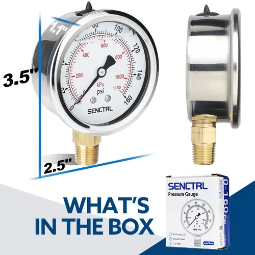 Miniatura 6 de SENCTRL Medidor de baja presión relleno de líquido de glicerina libre de plomo de 160 Psi, tamaño de esfera de 2.5", montaje inferior NPT de 1/4