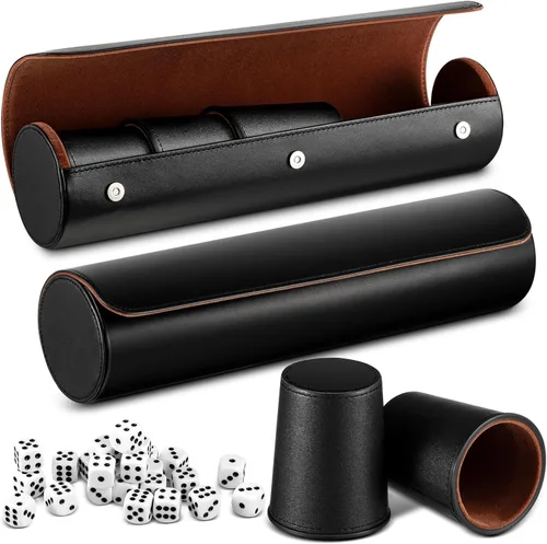 Liliful El juego de 2 tazas de cuero incluye 10 tazas de juego de cuero, 50 dados y 2 fundas de almacenamiento con cierre magnético, regalo de juego