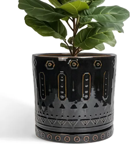 Miniatura 17 de Maceta de Cerámica Eightpot - Maceta de 20 cm para Interior con Agujeros de Drenaje y Platillo, Maceta Redonda para Exterior, Maceta Moderna de Azul