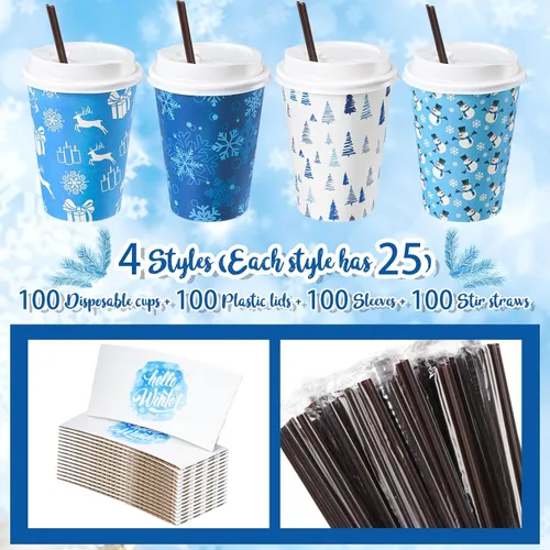 Miniatura 4 de Lallisa 100 juegos de tazas de papel desechables de café de Navidad para el invierno a granel con tapas, fundas y pajitas, tazas de café de copos
