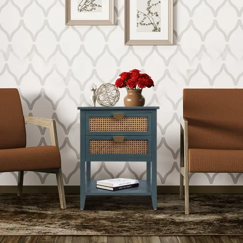 Miniatura 10 de Mesita de noche de ratán con 2 cajones con asas de metal para sala de estar, dormitorio, lugar pequeño, verde