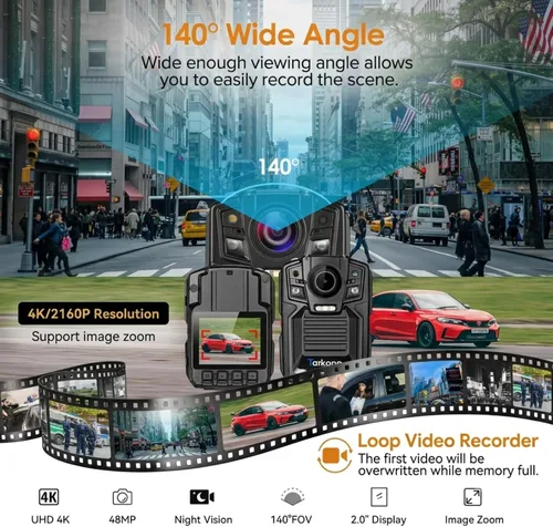 Miniatura 2 de Cámara corporal con GPS, cámara corporal 4K/2160P, 2 baterías 1950MAH, visión nocturna y H.265, cámara de cuerpo de policía de 128G para aplicación