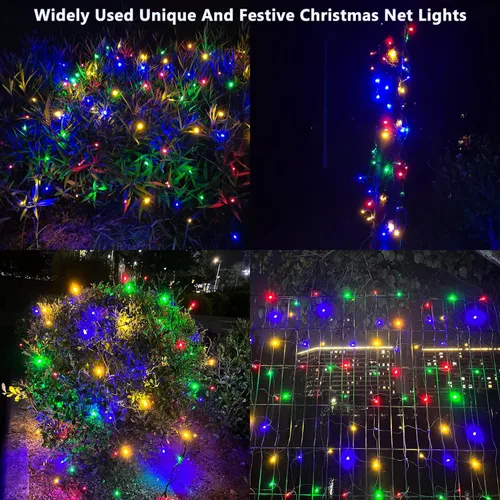 Miniatura 2 de HISHINY Red de luces LED de Navidad para exteriores, 5 x 5 pies, 100 luces LED de cable verde, conectables para interiores y exteriores, cadena