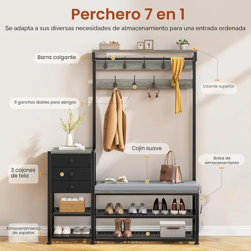 Miniatura 3 de Itaar Perchero, árbol de pasillo con banco y almacenamiento de zapatos, banco de entrada 7 en 1 con cojín suave, bolsa de almacenamiento, 3 cajones