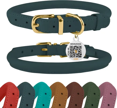 Miniatura 29 de Collar de cuero enrollado, redondo, suave y ajustable con placa de identificación por QR para perro pequeño, mediano y grande, cachorro y gato Rosa