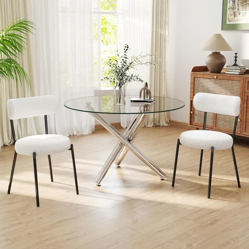 Miniatura 22 de Juego de mesa de comedor redonda de cristal negro para 2, juego de mesa de cocina pequeña y moderna de 36 pulgadas con 2 sillas de comedor tapizadas