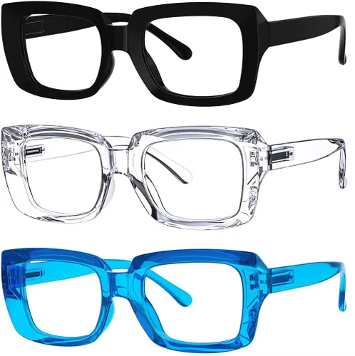 Miniatura 28 de Eyekepper Paquete de 4 lentes de lectura con bloqueo de luz azul, anteojos cuadrados de computadora de gran tamaño +0.00