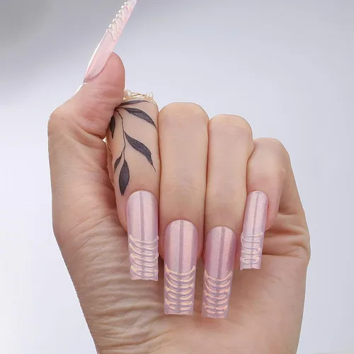 Miniatura 12 de Uñas postizas largas a presión, cuadradas, francesas, nude, rosa, lazo de lujo y diamantes de imitación de flores 3D, 24 unidades, uñas brillantes